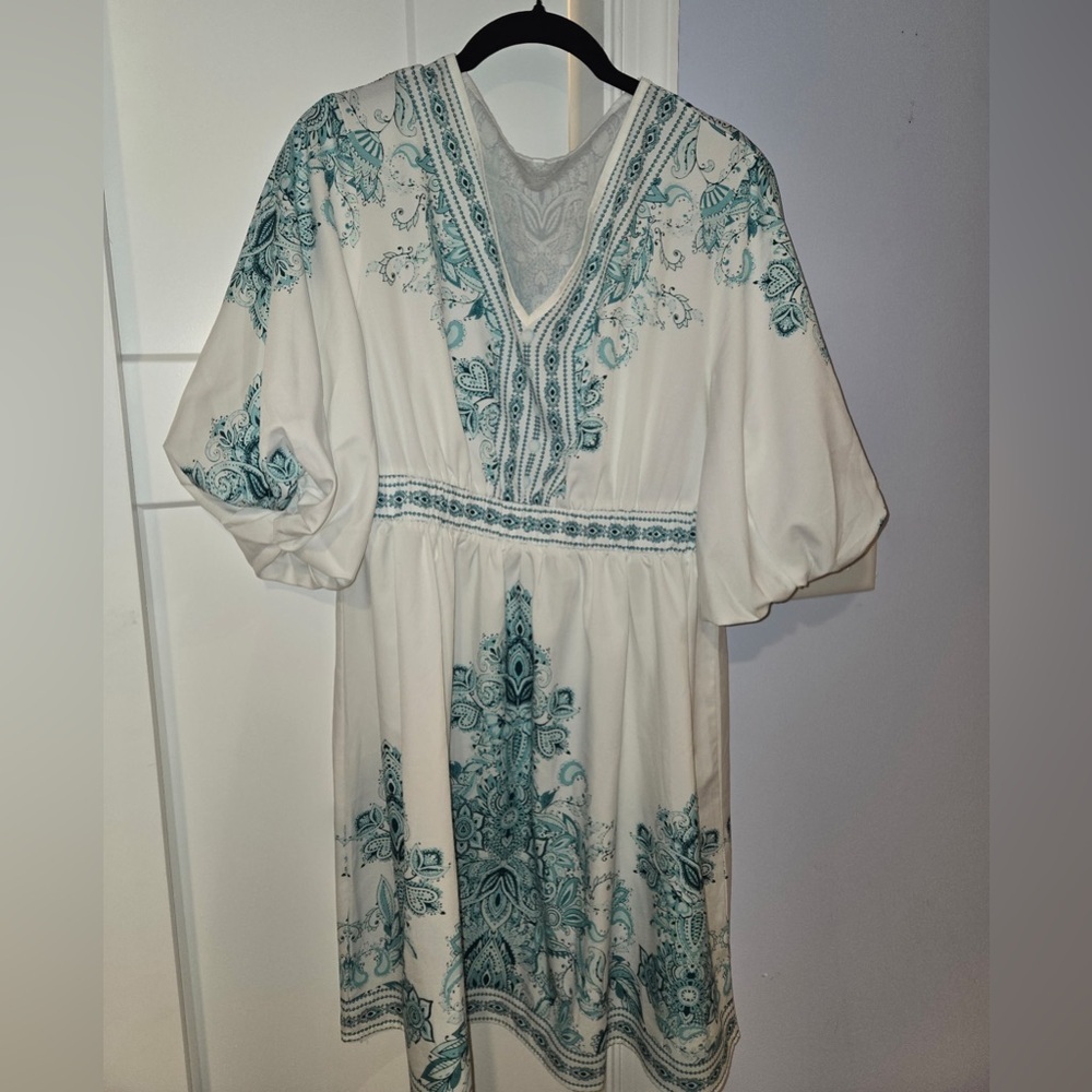 White & Teal V-Neck Floral Midi Dress